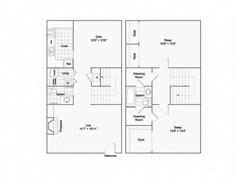 Floor plan for 2 beds, 1.5 baths, 1370 sqft